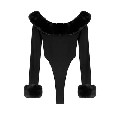 Sarah Solid Color Black Patchwork Faux Fur Off The Shoulder Bodysuit