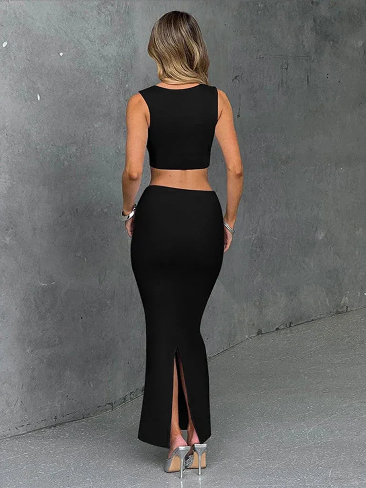 Sexy Party Spaghetti-strap Crop-top Slim-fit 2 Piece Dress
