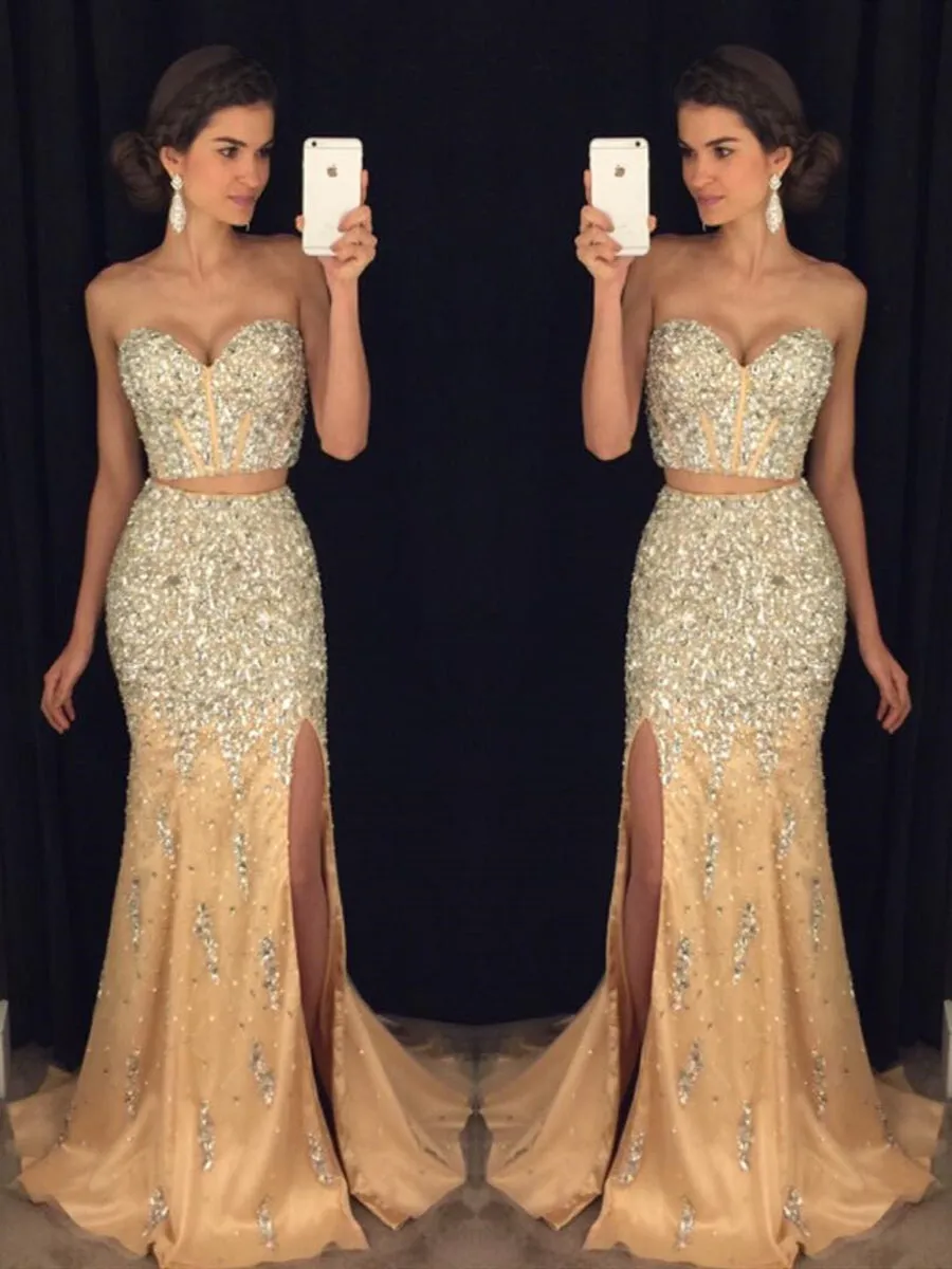 Sexy Sweetheart Neck Two Pieces Mermaid Beaded Champagne Prom 2019, Two Pieces Mermaid Champagne Formal, Evening