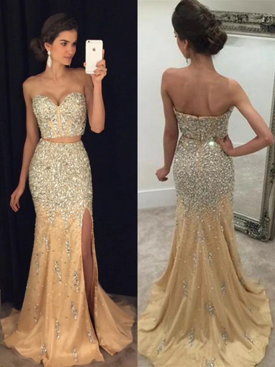 Sexy Sweetheart Neck Two Pieces Mermaid Beaded Champagne Prom 2019, Two Pieces Mermaid Champagne Formal, Evening