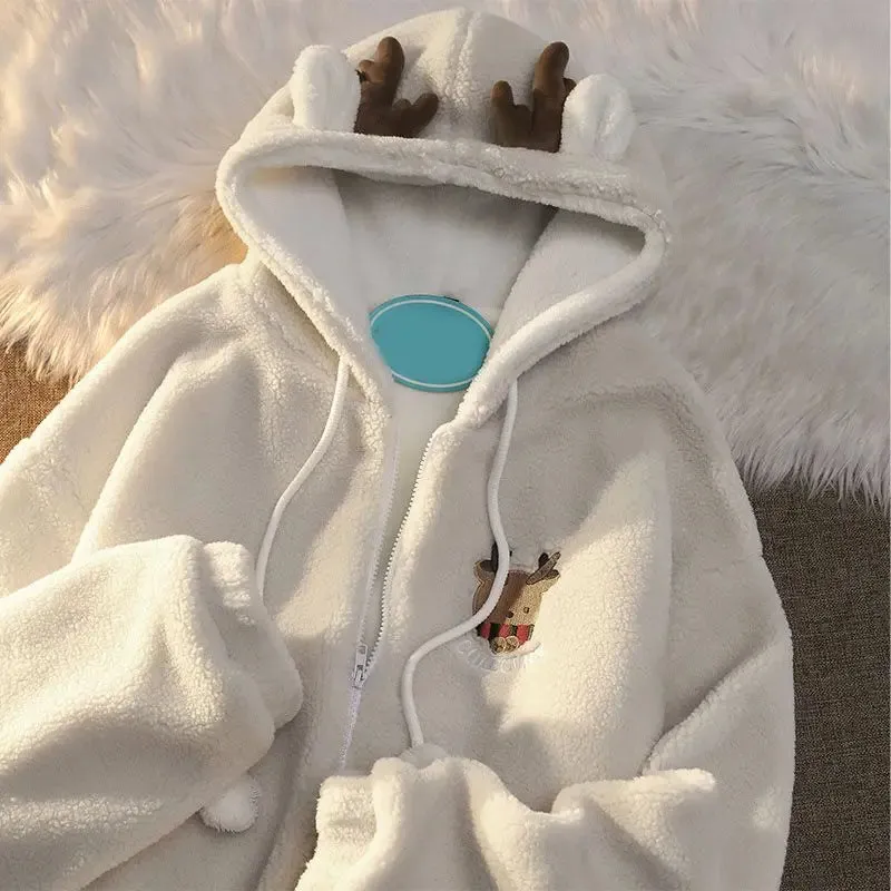 Unisex Reindeer Fleece Hoodie with Fun Antler Hood