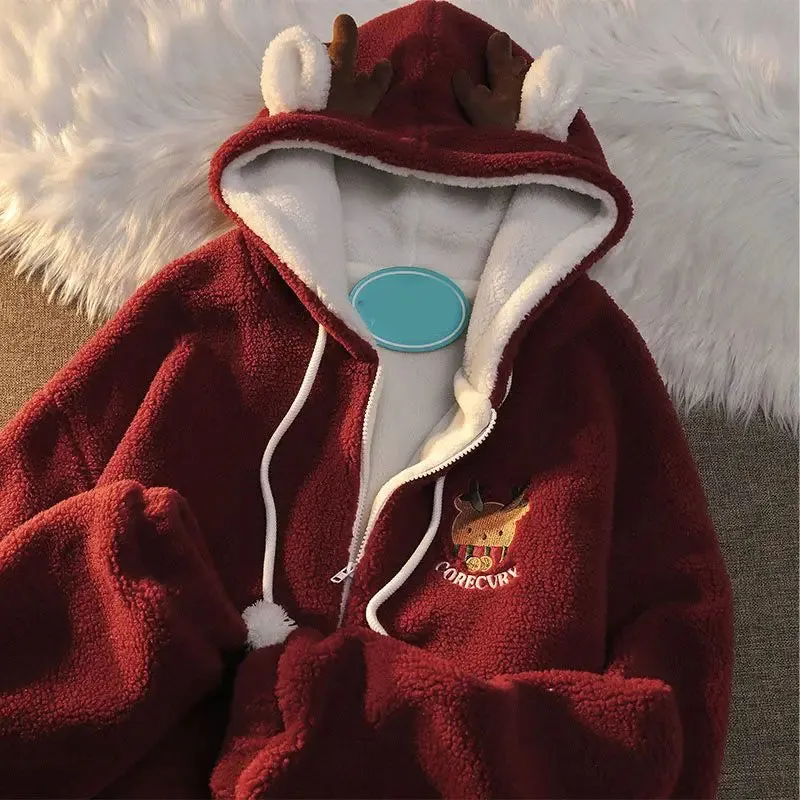 Unisex Reindeer Fleece Hoodie with Fun Antler Hood