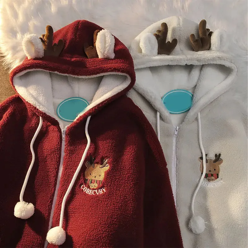 Unisex Reindeer Fleece Hoodie with Fun Antler Hood
