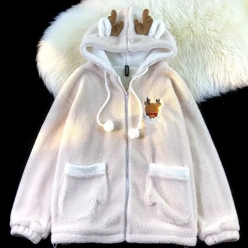 Unisex Reindeer Fleece Hoodie with Fun Antler Hood