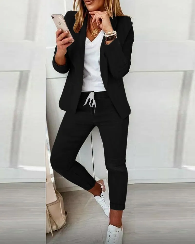 Wenkouban 2023 Women New Autumn Lapel Collar Blazer Coat & Drawstring Pants Set Long Leggings Suit Elegant 2 Piece Jacket Outfits