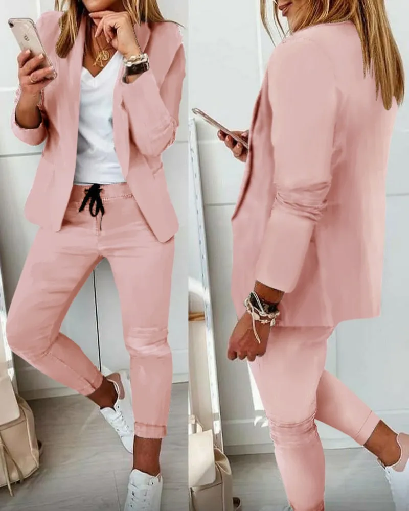 Wenkouban 2023 Women New Autumn Lapel Collar Blazer Coat & Drawstring Pants Set Long Leggings Suit Elegant 2 Piece Jacket Outfits