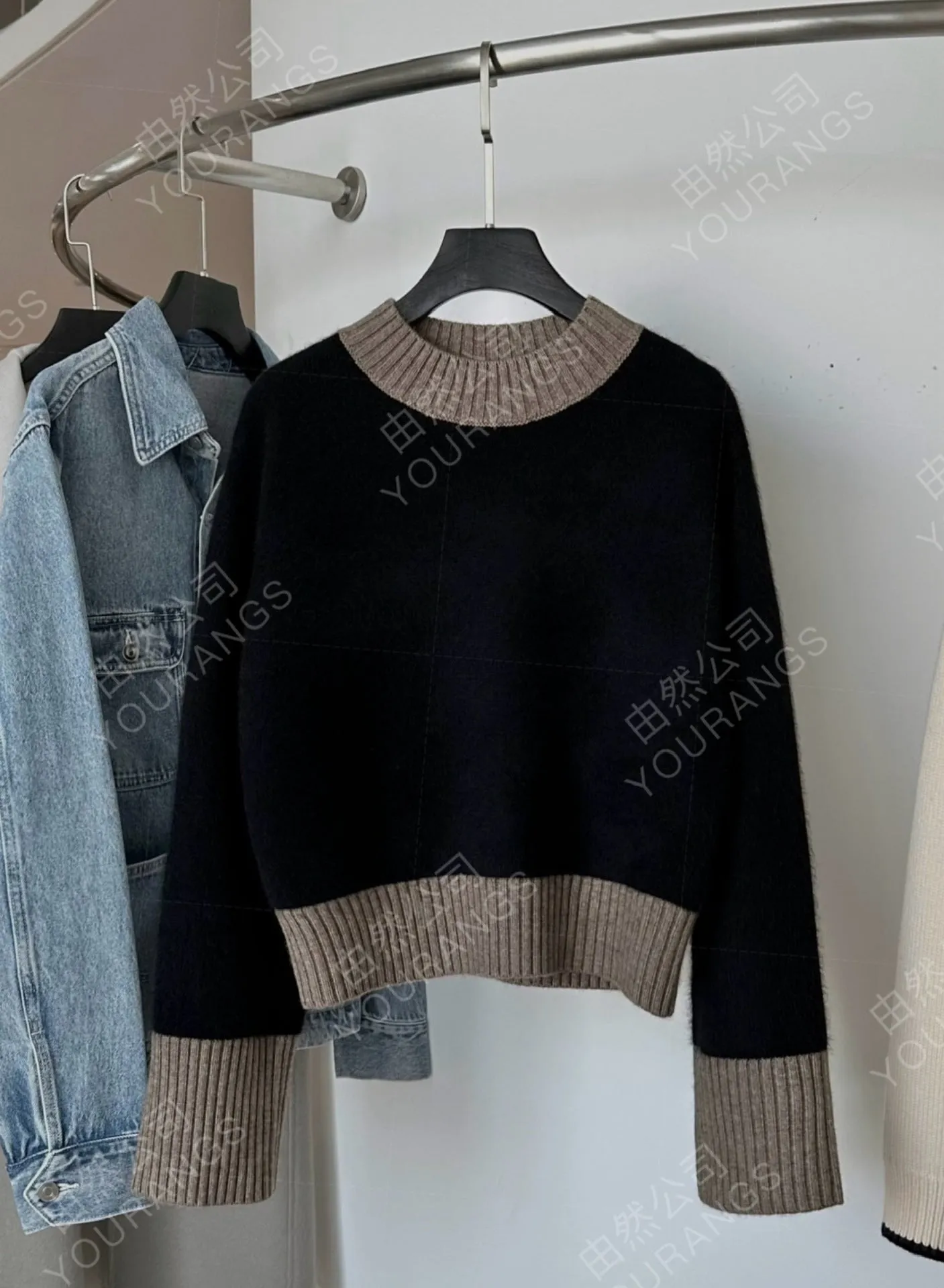 Wjczt fall fashion Bwideas 24 Autumn and Winter FP Thickened Mink Wool Blended Contrast Color Stitching Small round Neck Sweater Coat