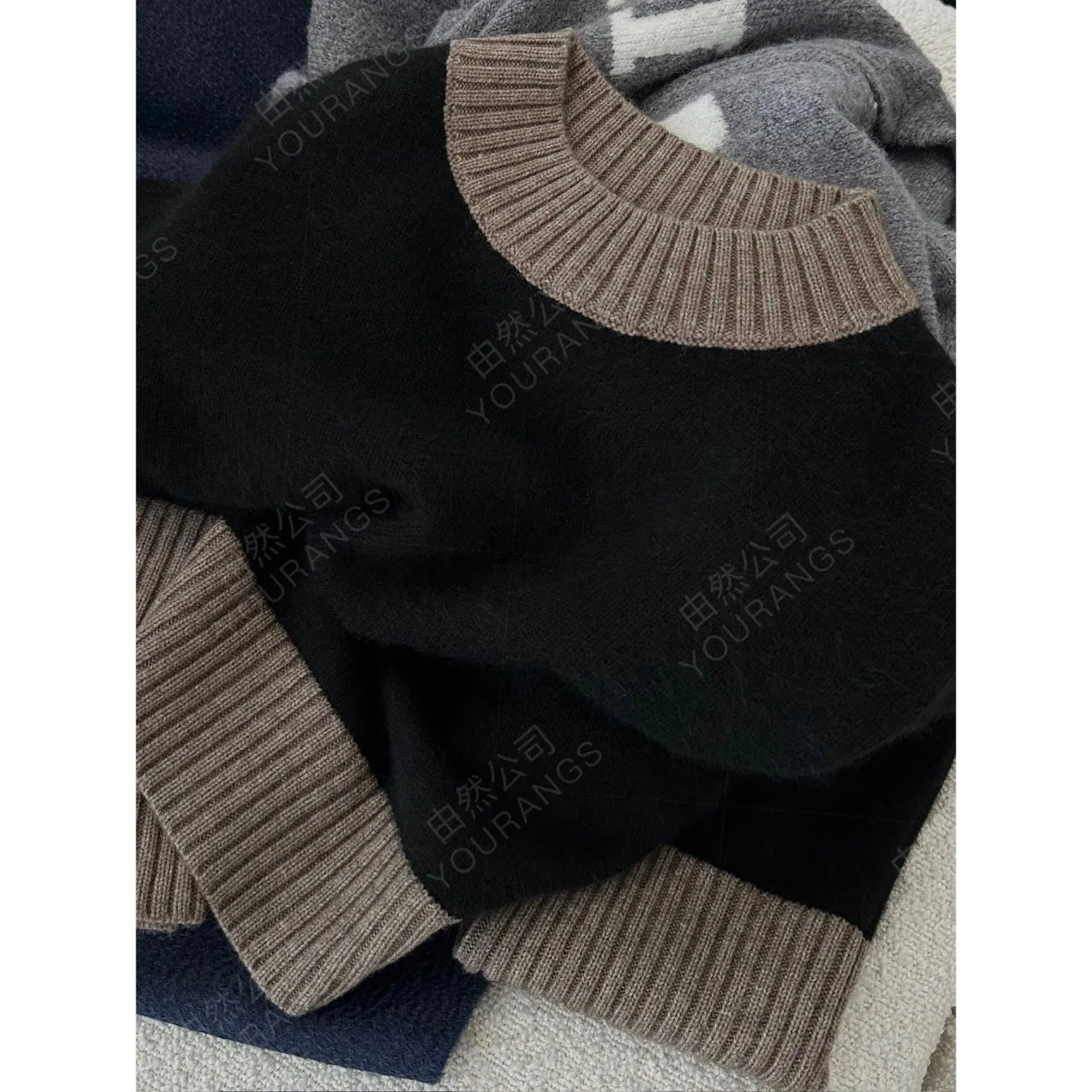 Wjczt fall fashion Bwideas 24 Autumn and Winter FP Thickened Mink Wool Blended Contrast Color Stitching Small round Neck Sweater Coat