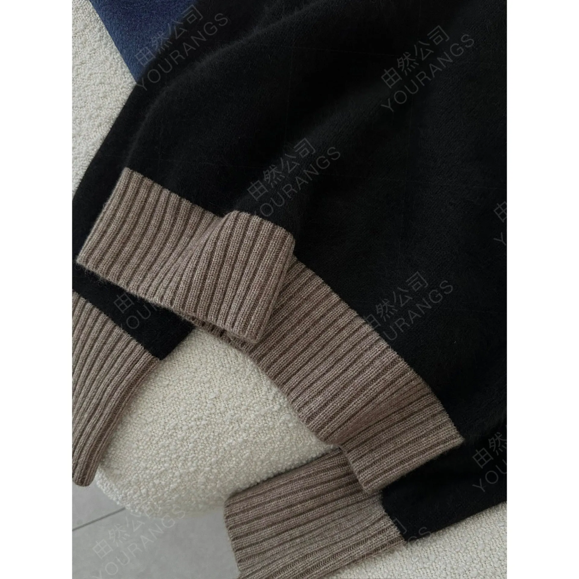 Wjczt fall fashion Bwideas 24 Autumn and Winter FP Thickened Mink Wool Blended Contrast Color Stitching Small round Neck Sweater Coat