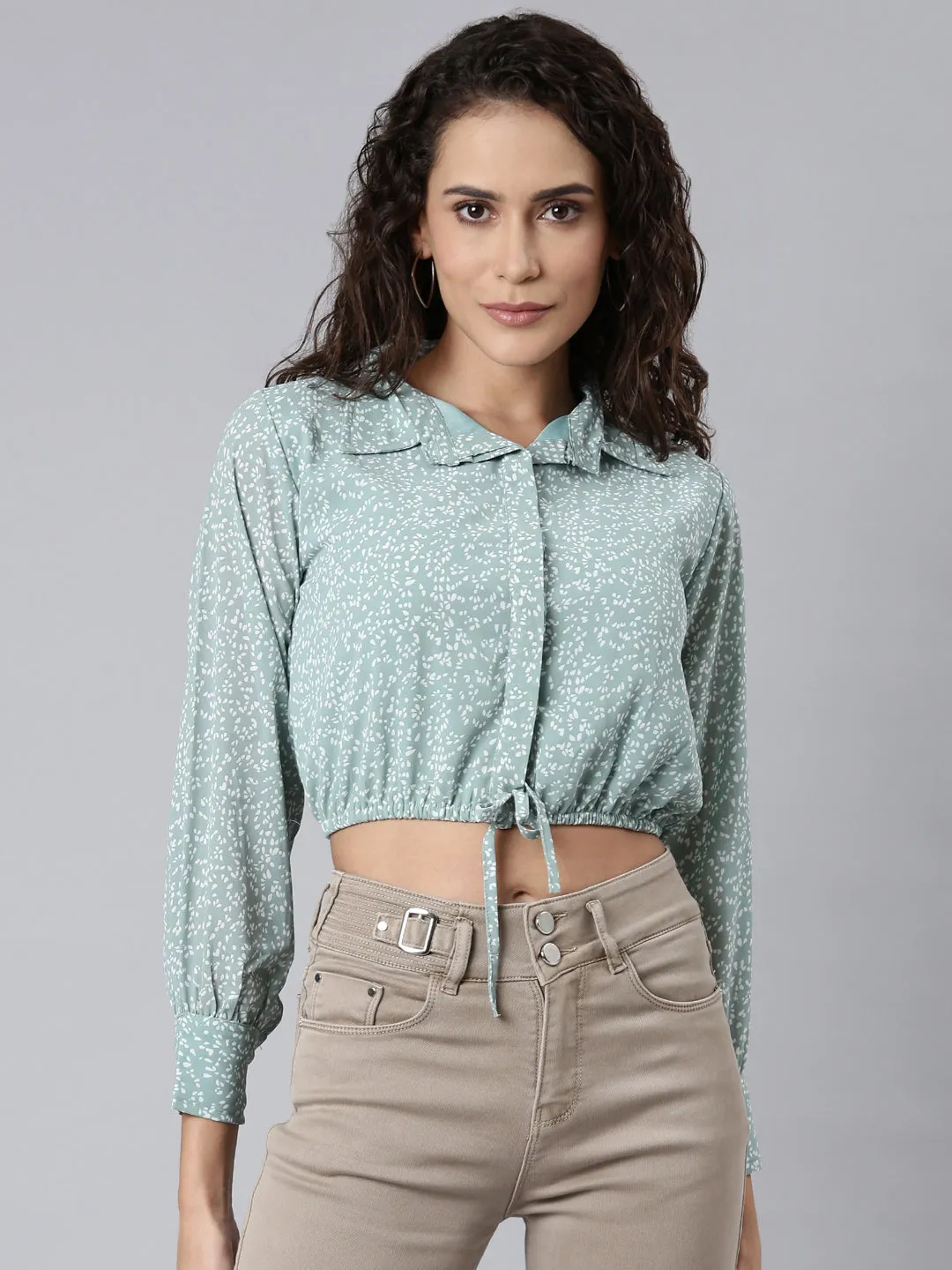 Women Sea Green Printed Shirt StyleCrop Top