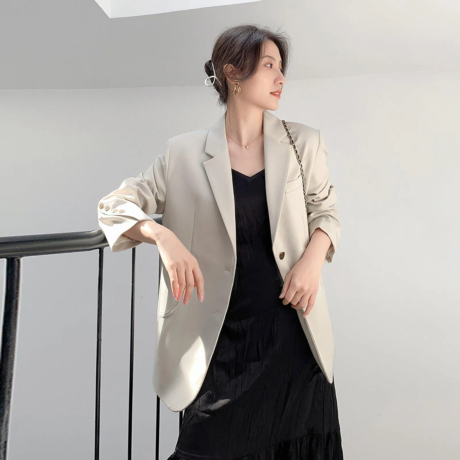 Women's Beige Oversize Blazer Shoulder pad Suit,Cotton blend Coat loose casual Suit Jacket,Office Lady Classic Style Blazer Coat,Fall Coat