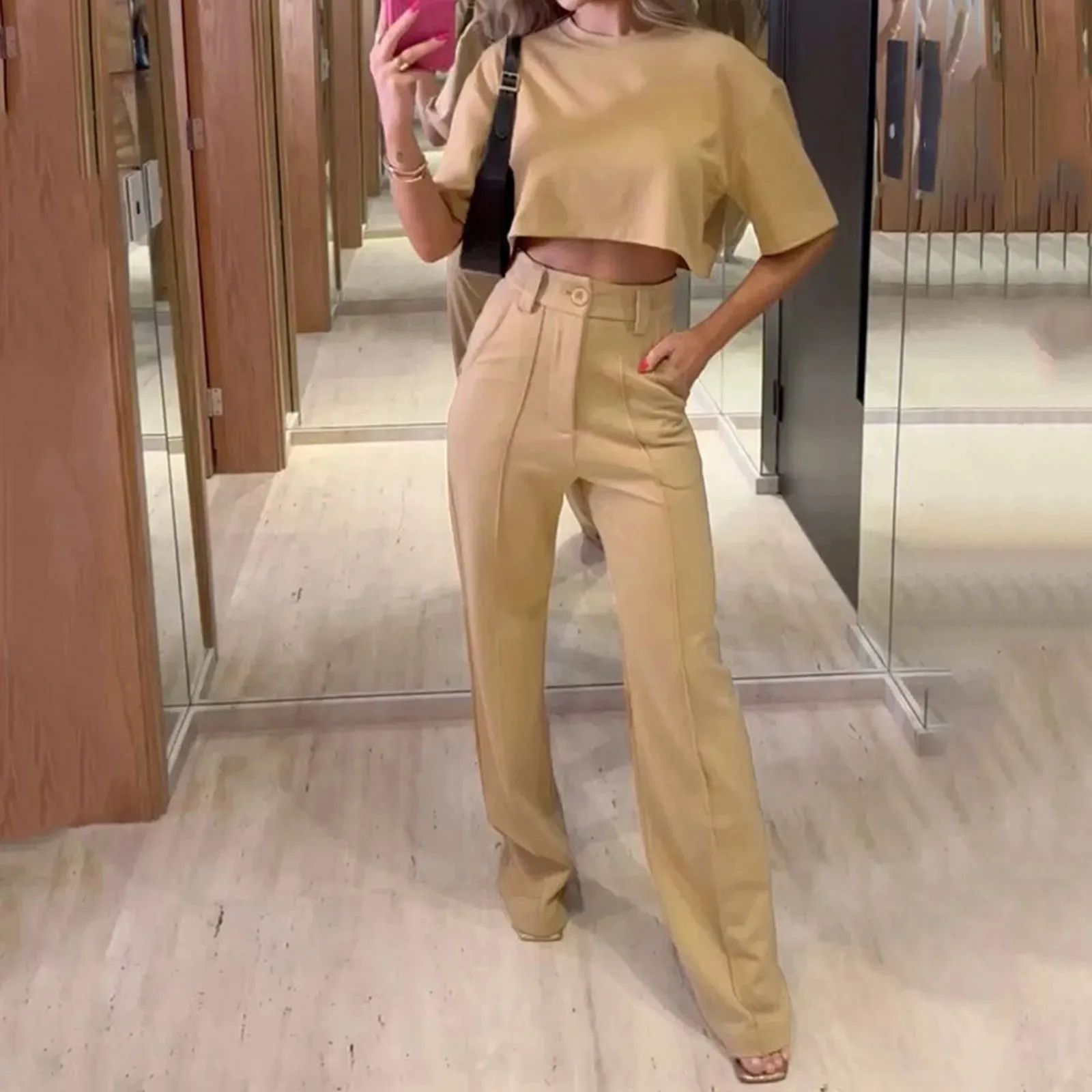 Women's Crop Top Blazer Fashion Solid Short Sleeve Long Pants Summer High Waist Elegant Set